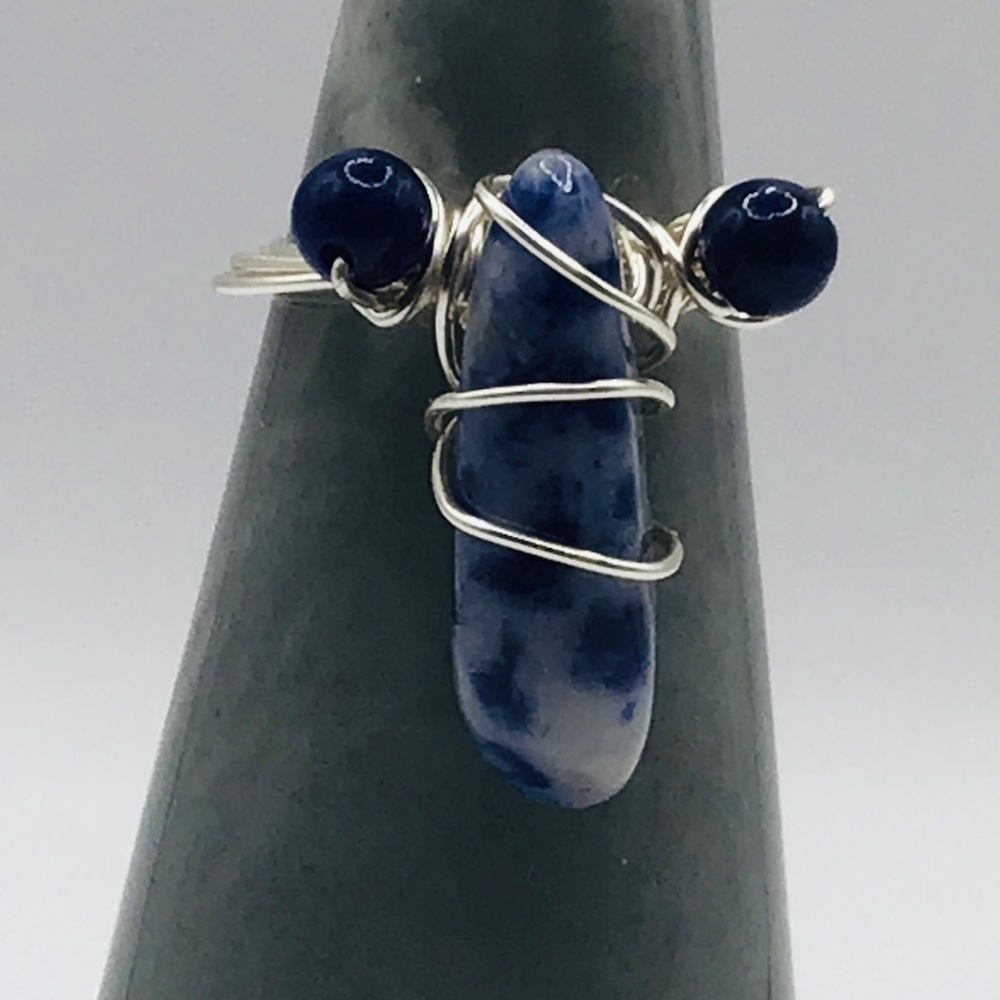 New Wire Wrapped Ring Sodalite Gem Stone Elongated Blue Silver Tone Si